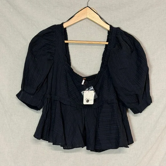 Free People Black Leave It To Me Ruffled Peplum Babydoll Cropped Top Women's XS - Picture 2 of 8